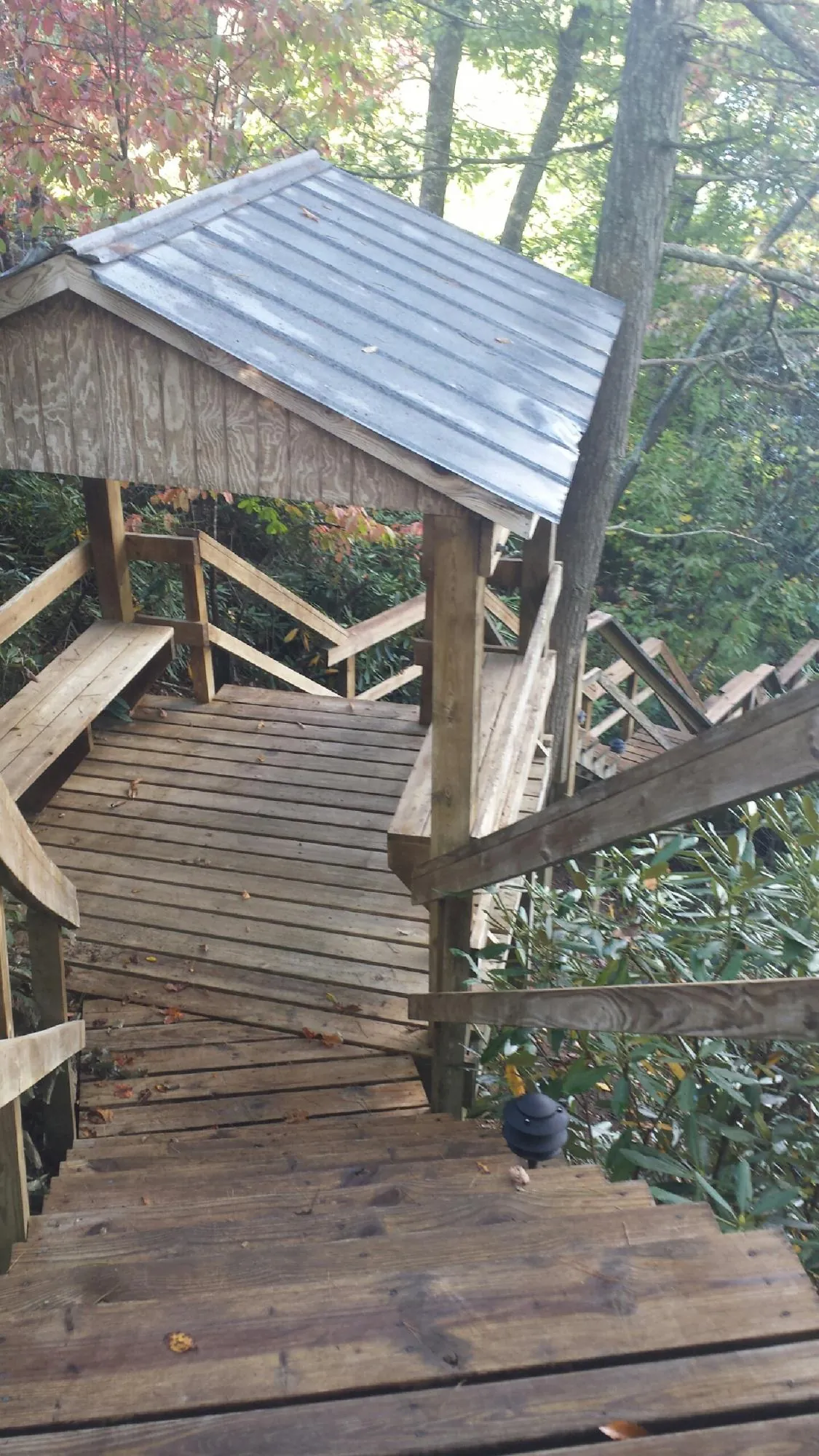 Metal roofed shelter over wooden steps on a wooded walkway — Skylight Repair & Installation work by our crew in Baxter
